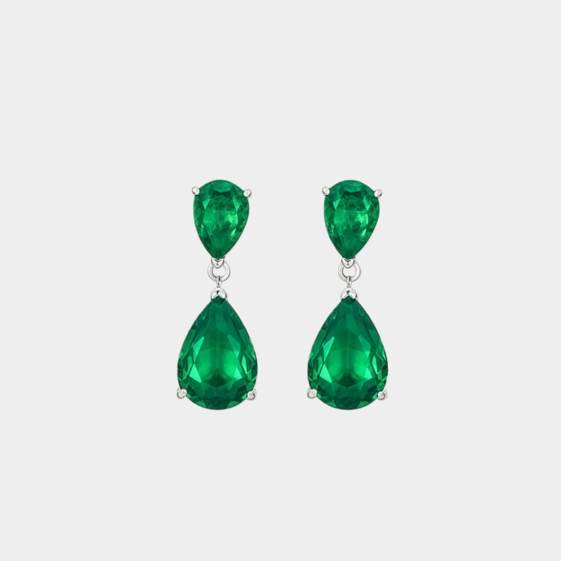 Emerald Double Teardrop Stud Earrings S925 Silver Women's Style