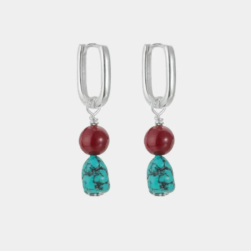 S925 Silver Turquoise & Red Bead Dangle Earrings - OOAKB