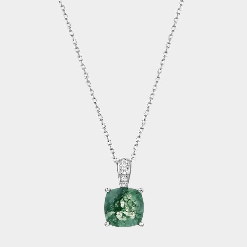 Minimalist Geometric Cushion Cut Moss Agate Pendant