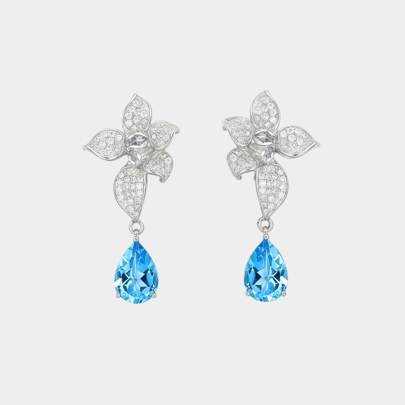 Topaz Blue Star Flower Earrings S925 Silver Women's Style