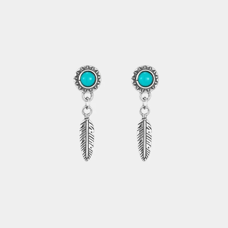 S925 Silver Antiqued Feather Turquoise Earrings - OOAKB
