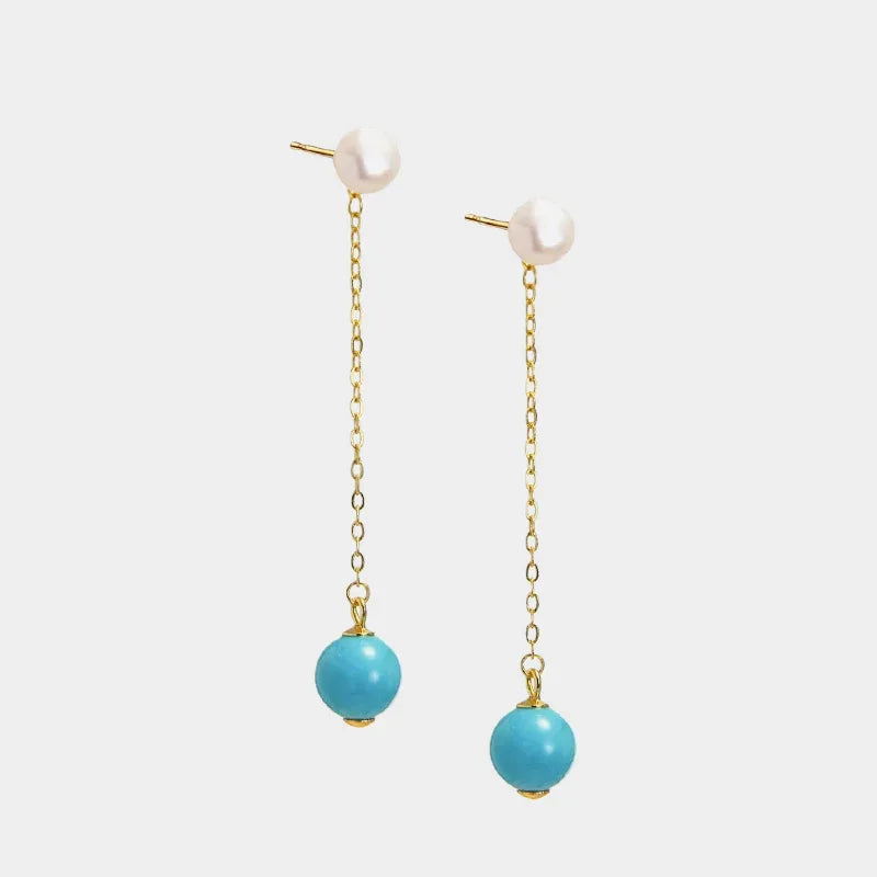 Natural Turquoise Round Bead Pearl Long Luxury Earrings - OOAKB