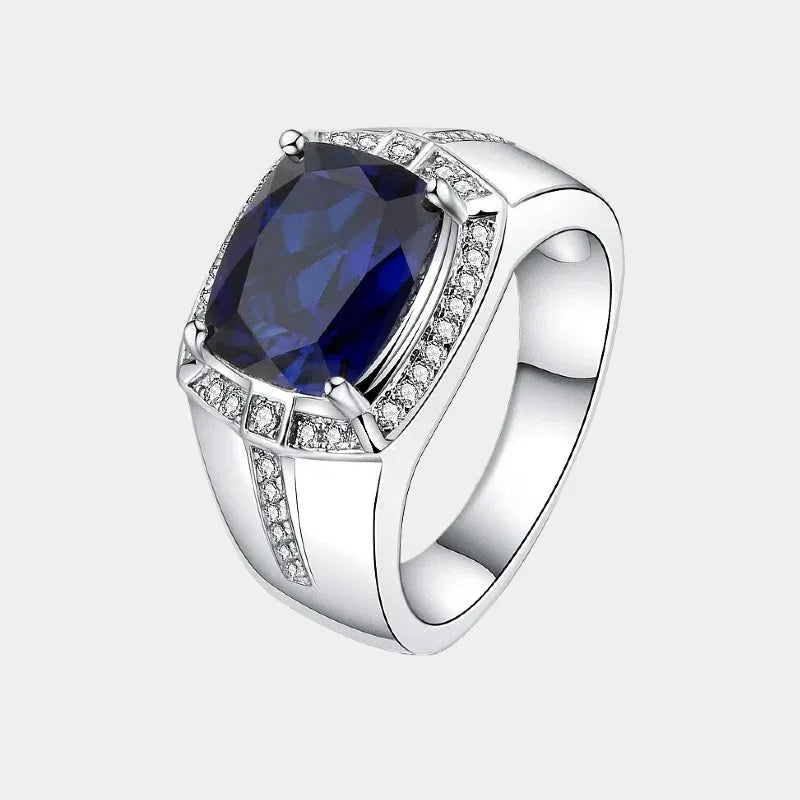 Silver Plated Platinum Sapphire Men's Ring 5.1ct - OOAKB