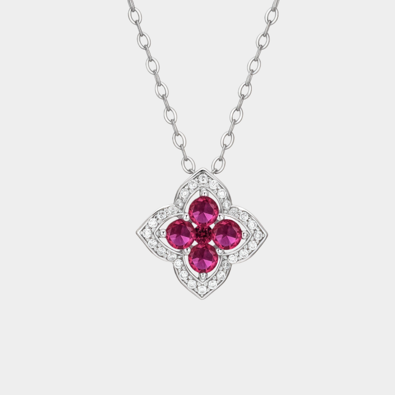 Four-Leaf Clover Ruby Necklace S925 Silver Women's Style