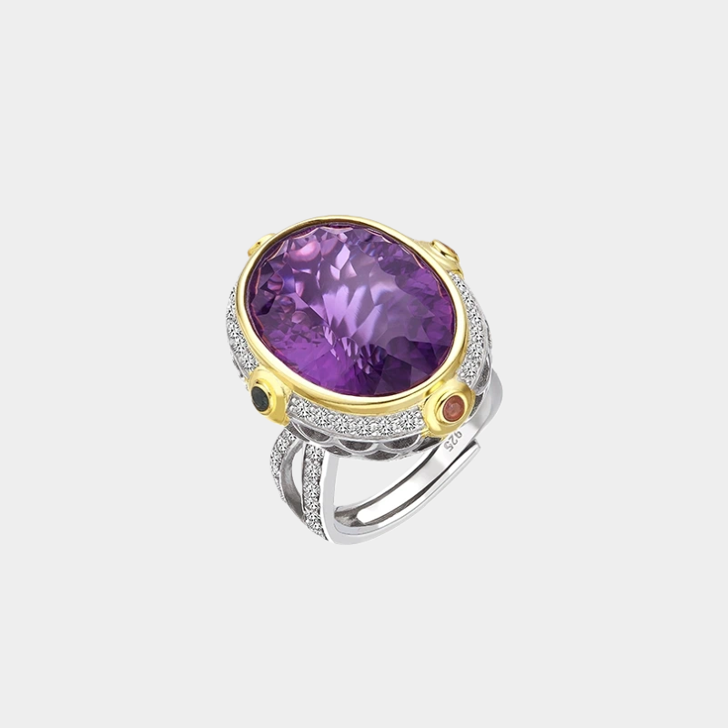 Natural Amethyst Multi-Gem Light Luxury Adjustable Open Ring