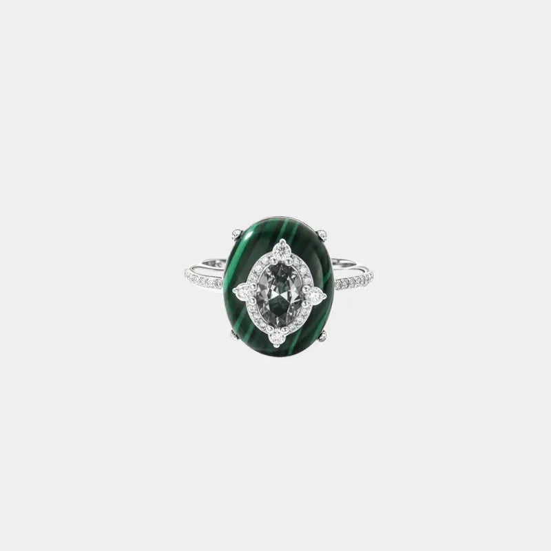 Cabochon Malachite Ring with Sparkling Diamonds Women's Style - OOAKB