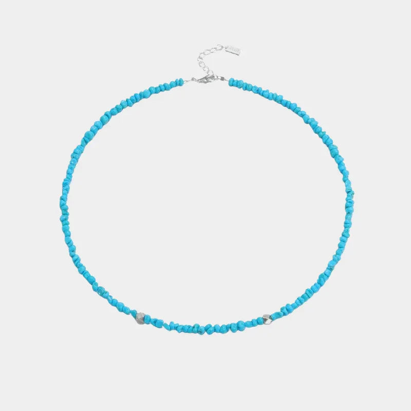 Turquoise Chip Bead Necklace with Silver Accents - full necklace arranged on white