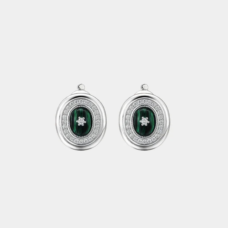 Full Diamond Cabochon Malachite Earrings - OOAKB