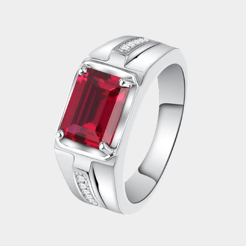 Silver Thick Plated White Gold Emerald Cut Ruby Men's Ring
