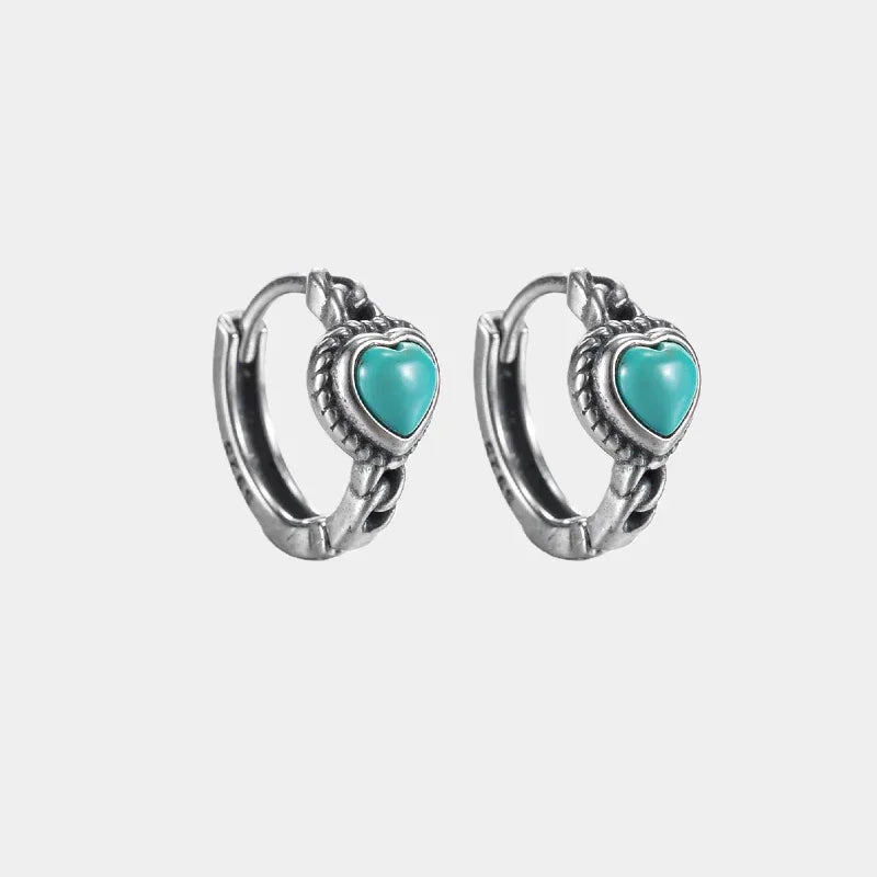 Silver Turquoise Heart Hoop Earrings - OOAKB