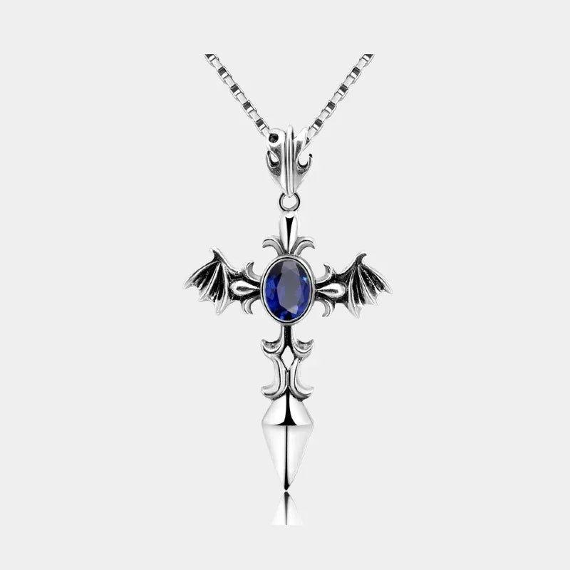Silver Vintage Distressed Sapphire Men's Cross Necklace - OOAKB