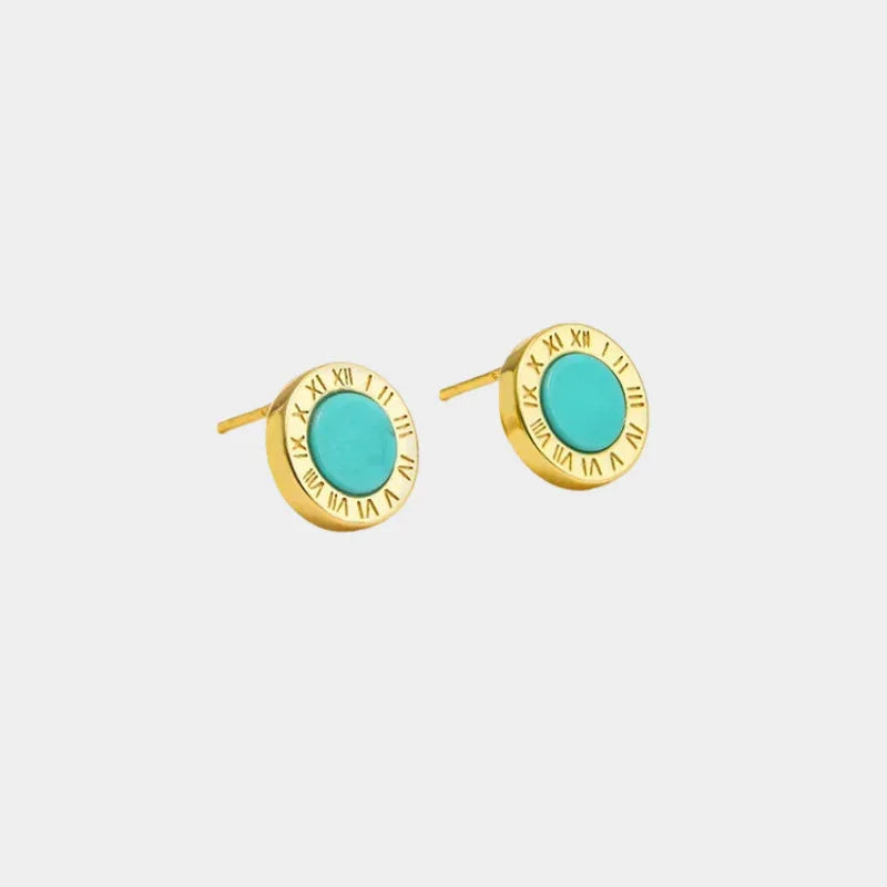 Natural Turquoise Roman Numeral Round Earrings - OOAKB