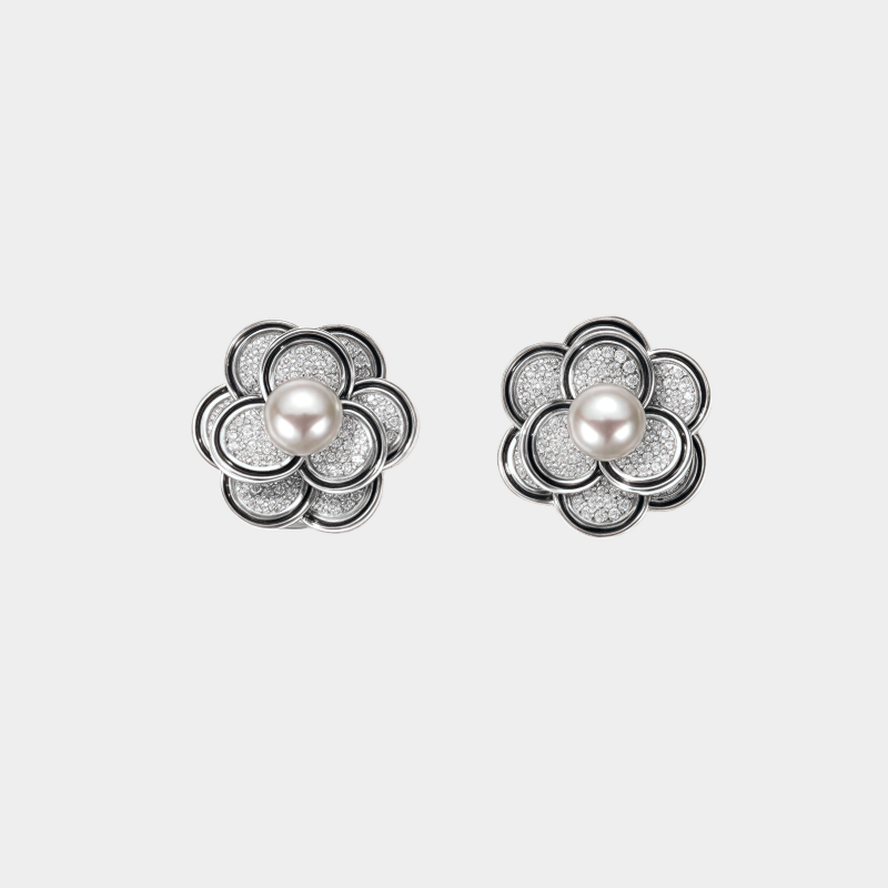 3D Stereo Camellia Freshwater Pearl Earrings