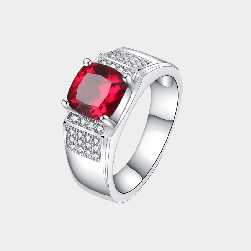 Silver Thick Plated White Gold Pigeon Blood Ruby Men's Ring
