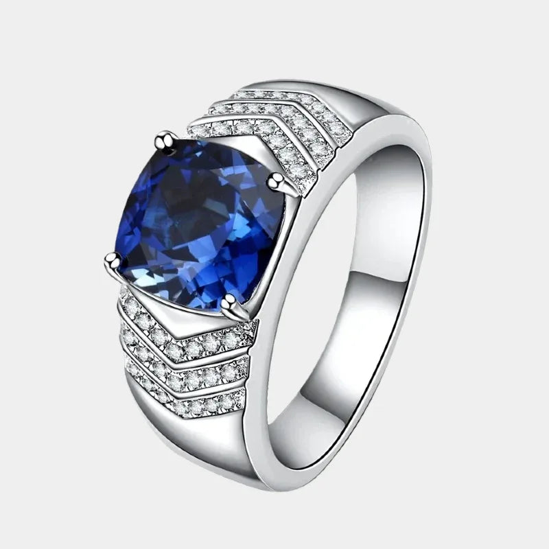 Silver Plated White Gold Sapphire Men's Ring 9*9mm - OOAKB