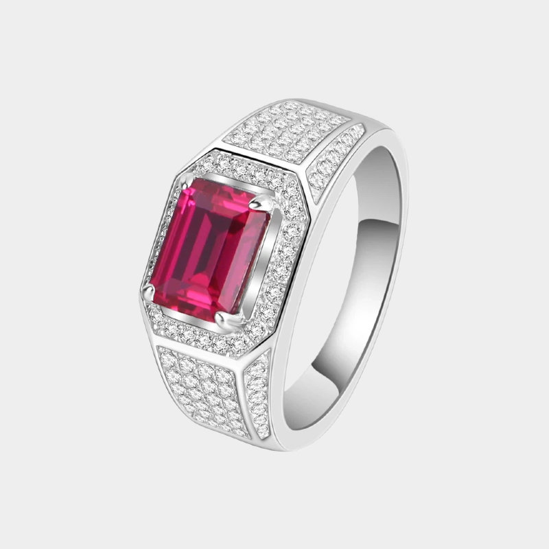 Silver Plated White Gold Zircon-Inlaid Ruby Men's Ring 1.5ct