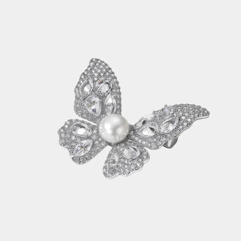 Freshwater Pearl Full-Diamond Butterfly Brooch S925 Silver Women's Style - OOAKB