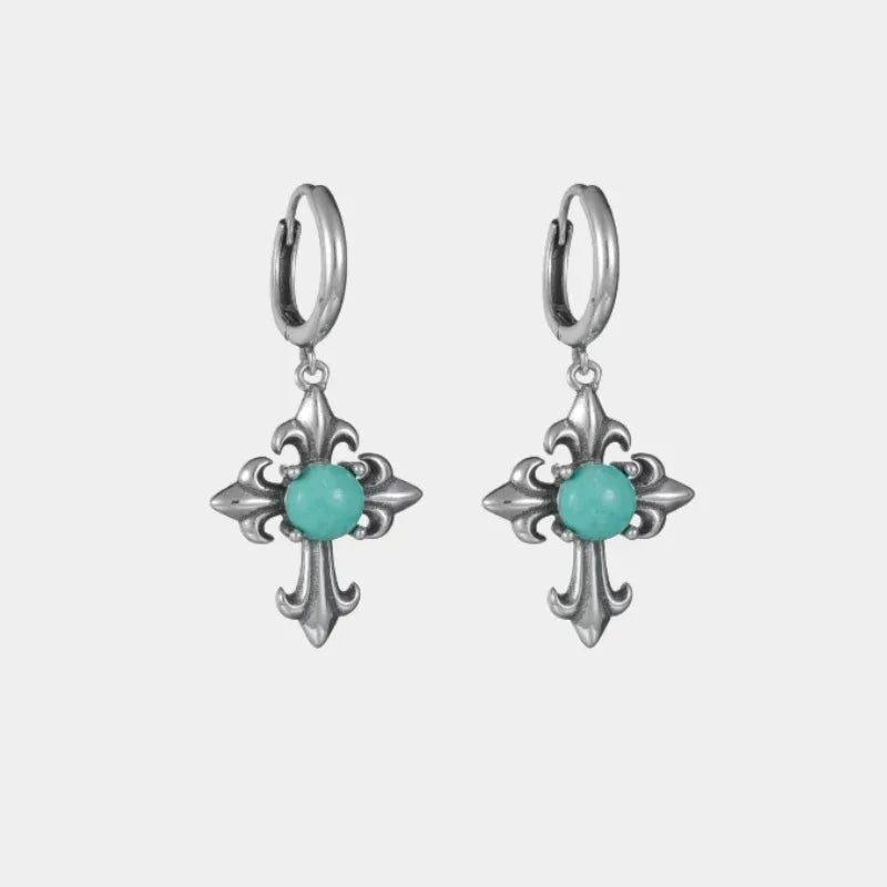 Silver Cross Turquoise Earrings Punk Style - OOAKB