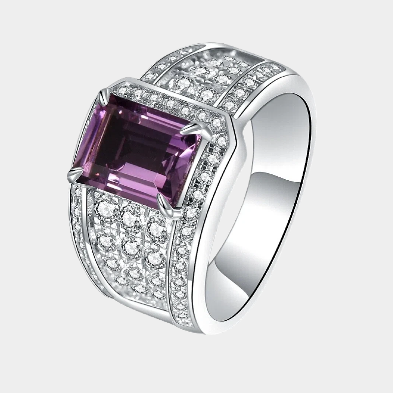 Silver Amethyst Men's Ring Emerald Cut 2.1ct 7*9mm