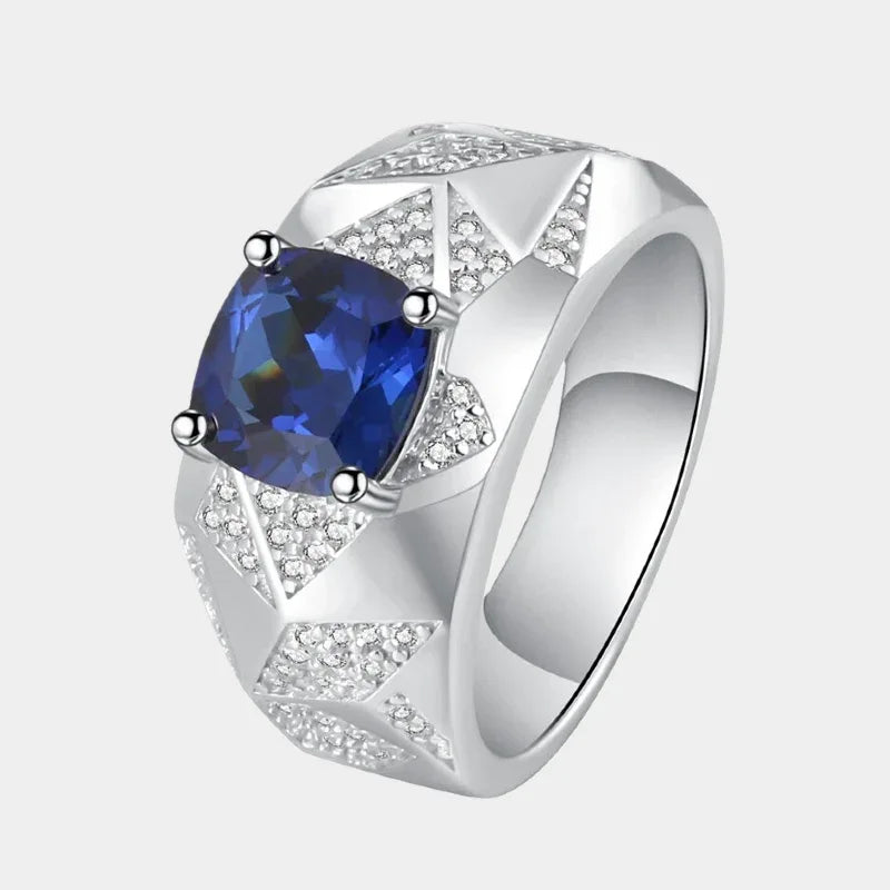 Silver Thick Plated White Gold Sapphire Men's Ring 2.8ct - OOAKB