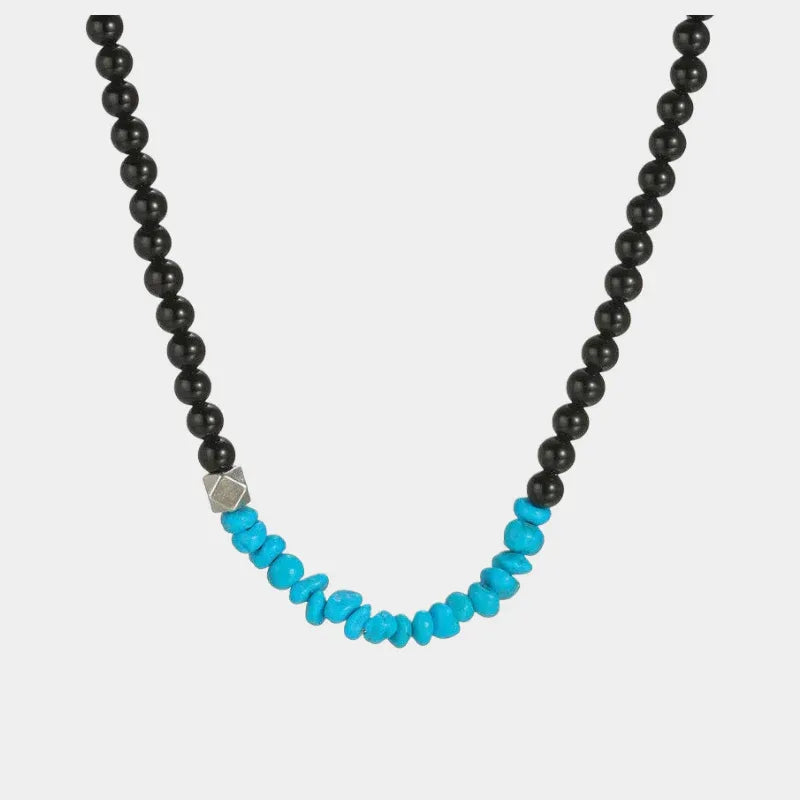 Silver Black Agate Turquoise Beaded Necklace - OOAKB