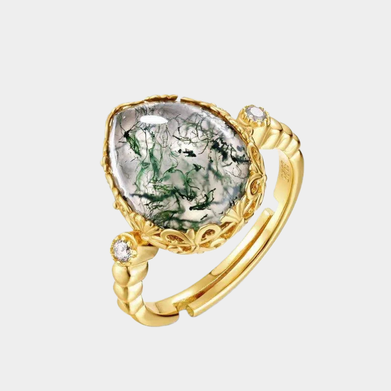 Teardrop Moss Agate Open Ring