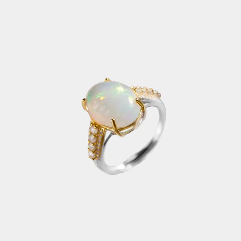 Natural Opal S925 Silver Gold-Plated Vintage Adjustable Ring - OOAKB