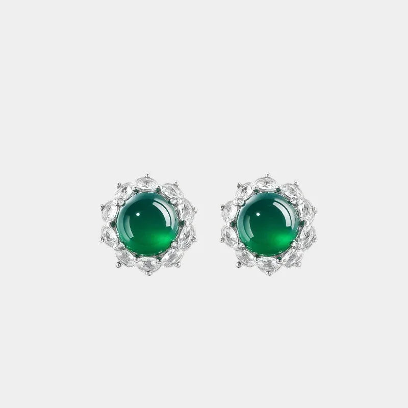 Chrysoprase Sunflower Cabochon Earrings S925 Silver Women's Style - OOAKB
