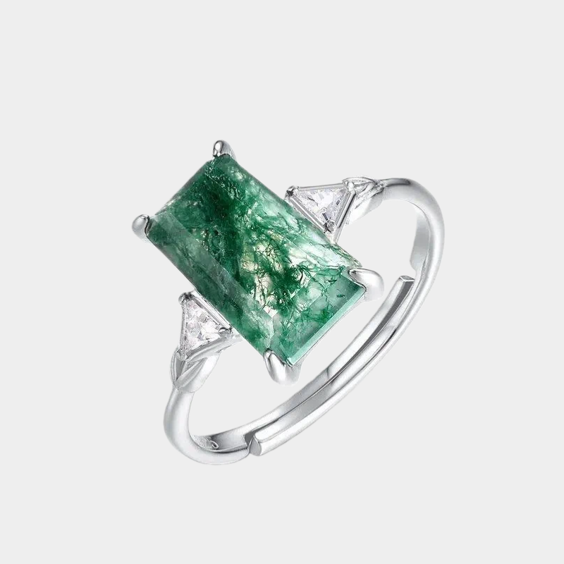 Moss Agate Rectangular Faceted Light Luxury Ring