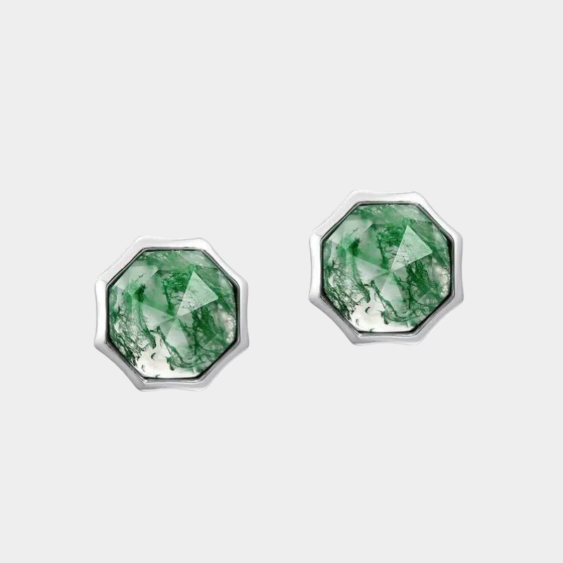 Unisex Octagonal Moss Agate Earrings