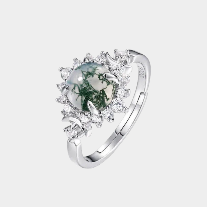Sunflower Full Inlaid White Zircon Moss Agate Open Ring