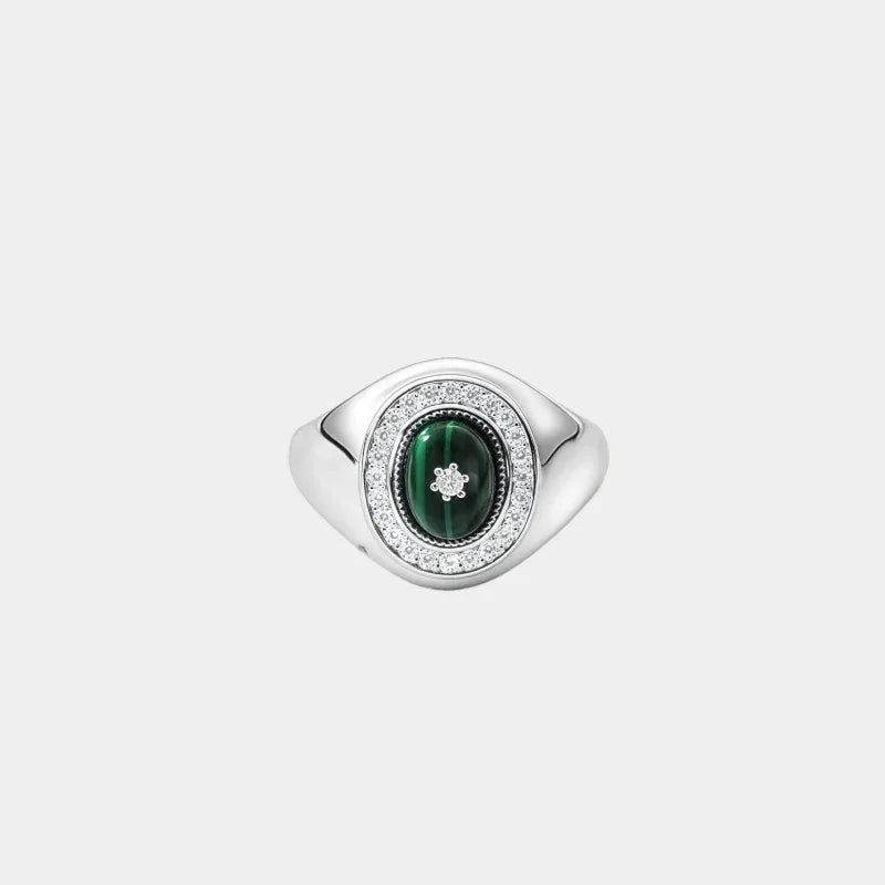 Full Diamond Cabochon Malachite Ring Women's Style - OOAKB