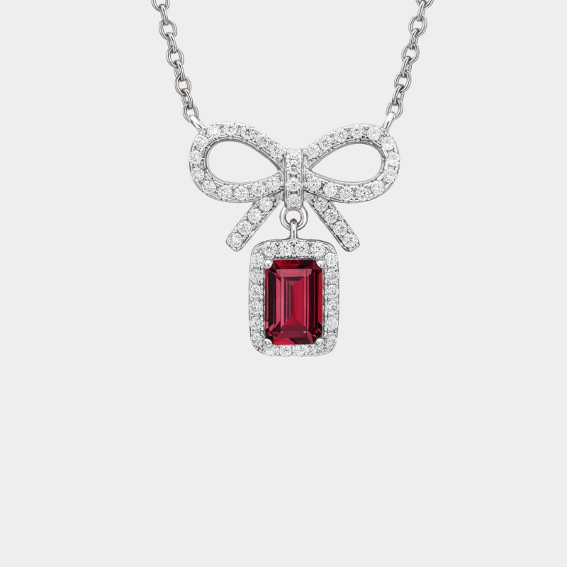 Ruby Small Square Sugar Bowknot Necklace Women's Style S925 Silver