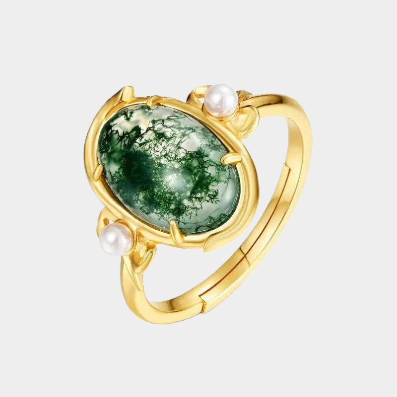 Moss Agate Oval Light Luxury Open Ring Unisex