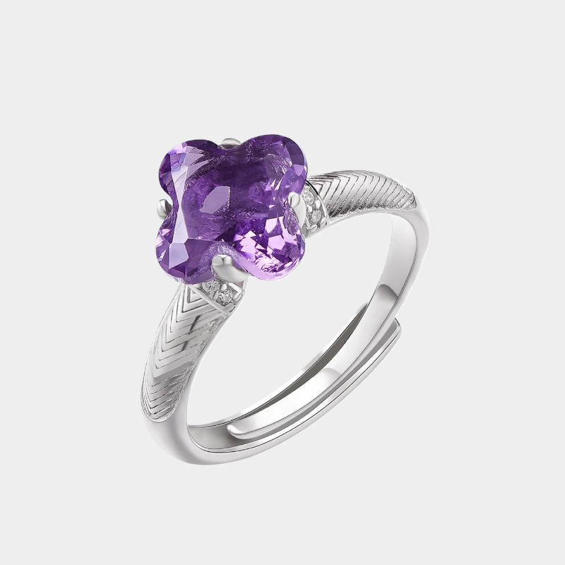 Star Wish Series Four-Leaf Clover Natural Amethyst Ring