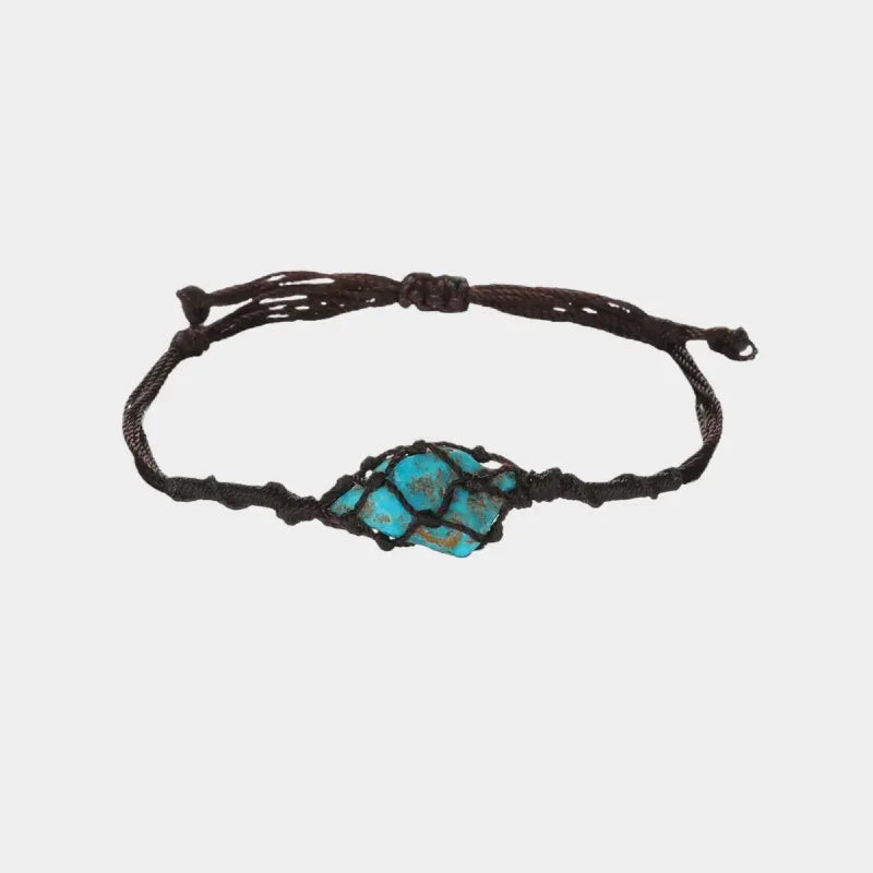 Macrame Cord Bracelet with Irregular Turquoise Center - full macrame bracelet on white