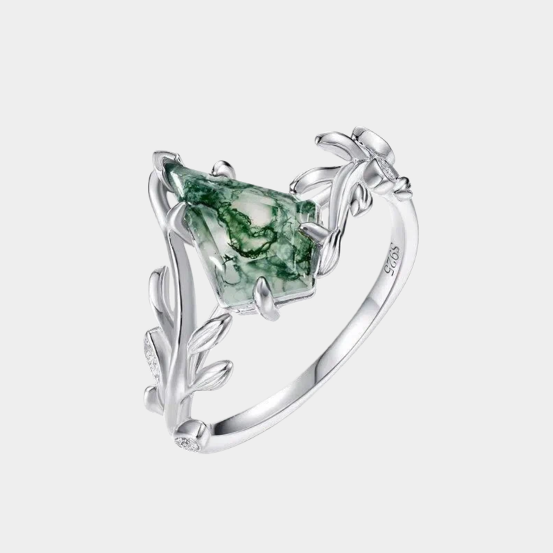 Olive Branch Geometric Moss Agate Index Finger Ring