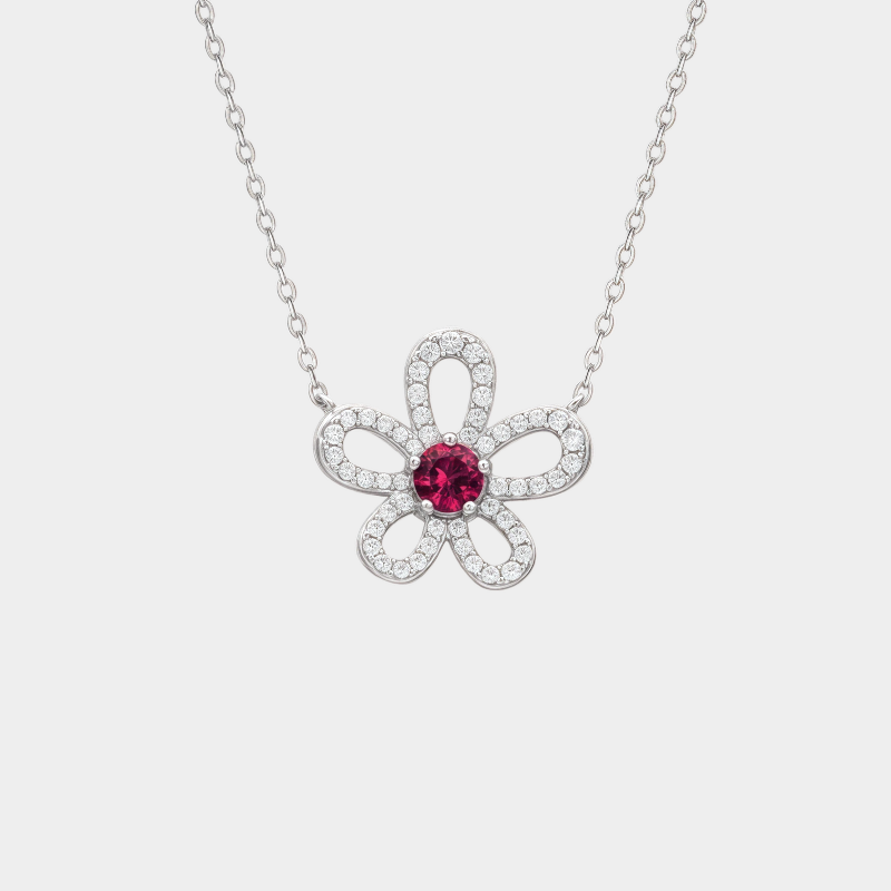 Hollow Out Full Diamond Flower Ruby Necklace Women's Style