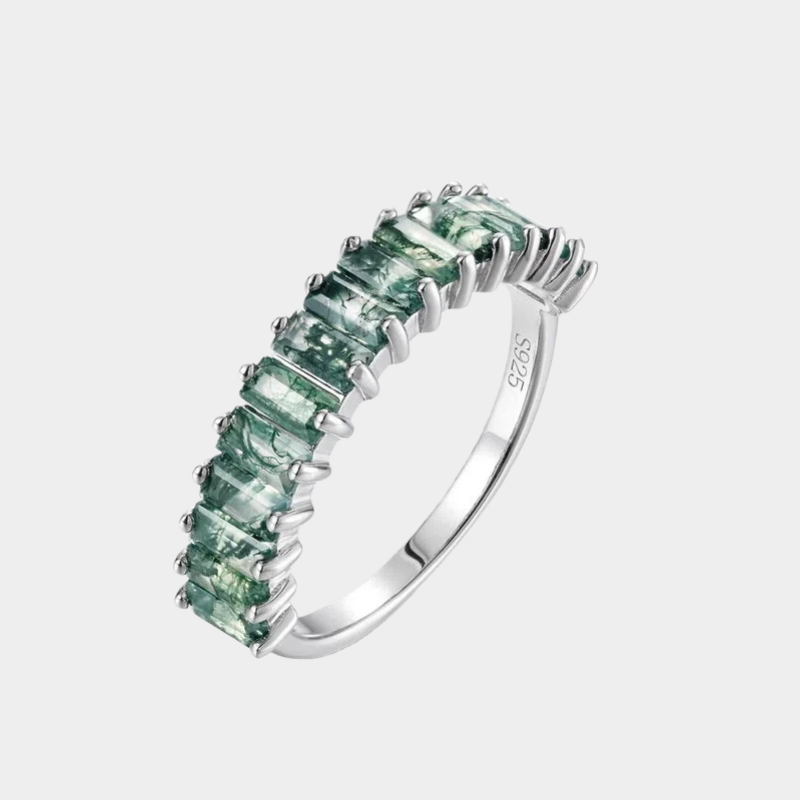 Single Row Trapezoid Square Moss Agate Index Finger Ring