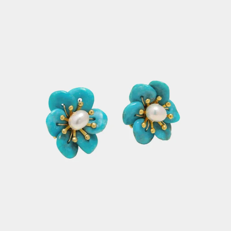 Natural Turquoise Seed Material Pearl Flower Earrings - OOAKB