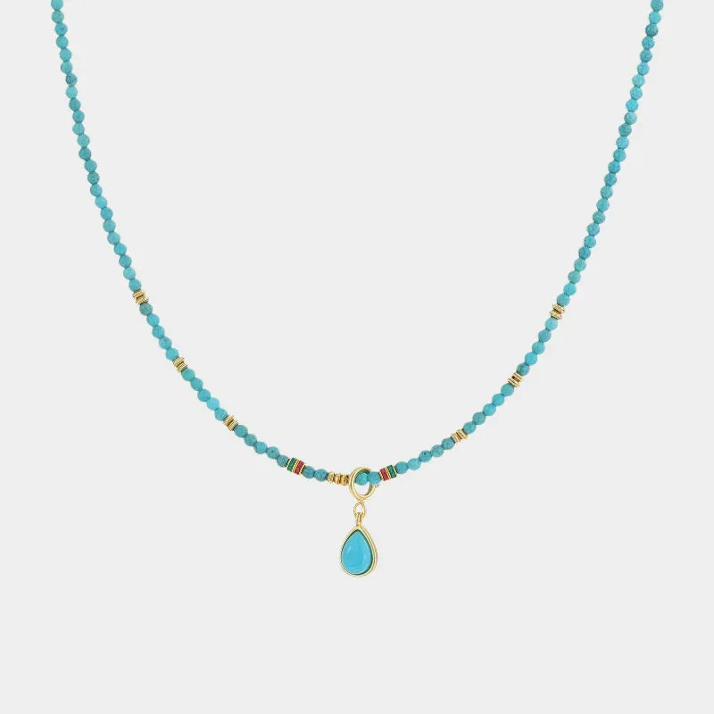 Natural Turquoise Round Bead Teardrop Pendant Luxury Necklace - OOAKB