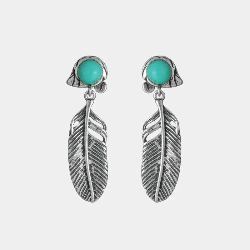 Turquoise Feather Drop Earrings - front view of turquoise feather drop pair