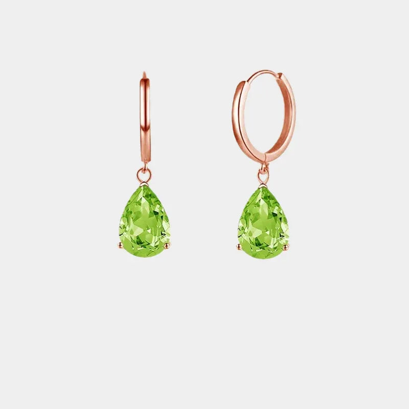 Pear-Cut Peridot Hoop Drop Earrings - front pear-cut hoop drop earring pair with open clasp