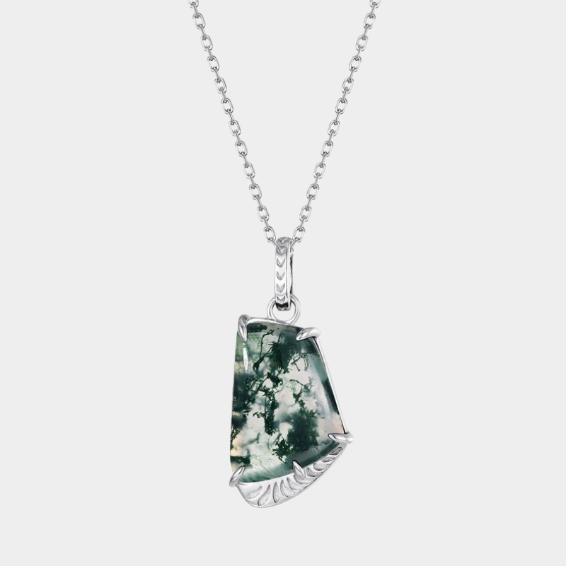 Geometric Four-Claw Moss Agate Pendant Necklace