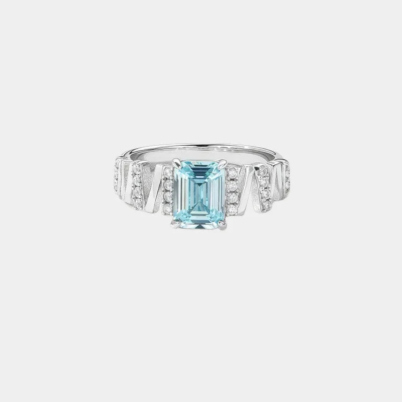 Sea Blue Square Sugar Aquamarine Ring S925 Silver Women's Style - OOAKB