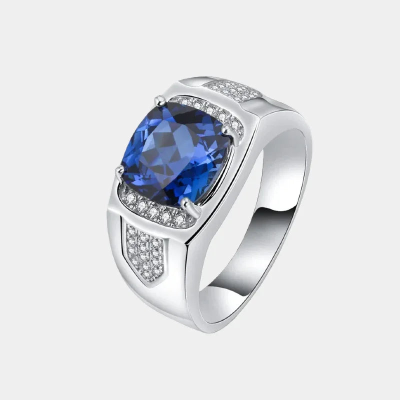 Silver Plated White Gold Square Sapphire Men's Ring - OOAKB