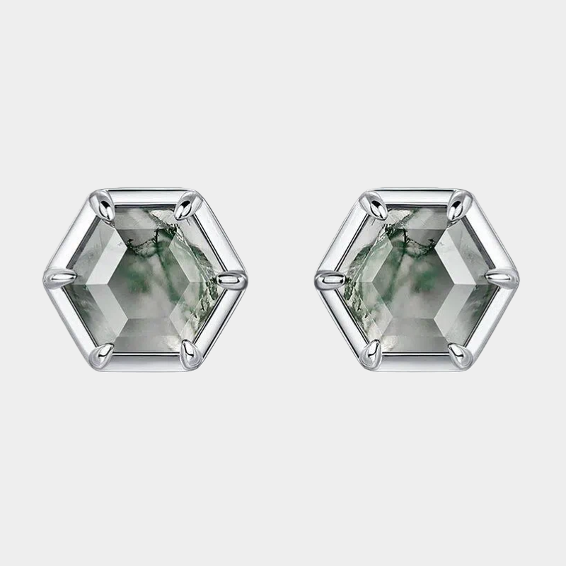 Hexagonal Moss Agate Earrings Unisex