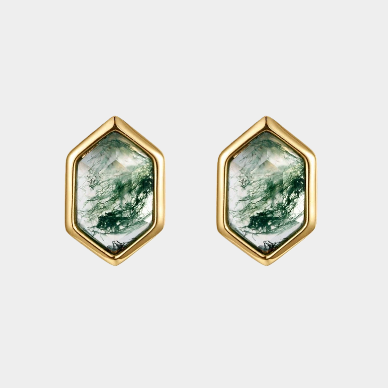 Geometric Hexagonal Moss Agate Earrings
