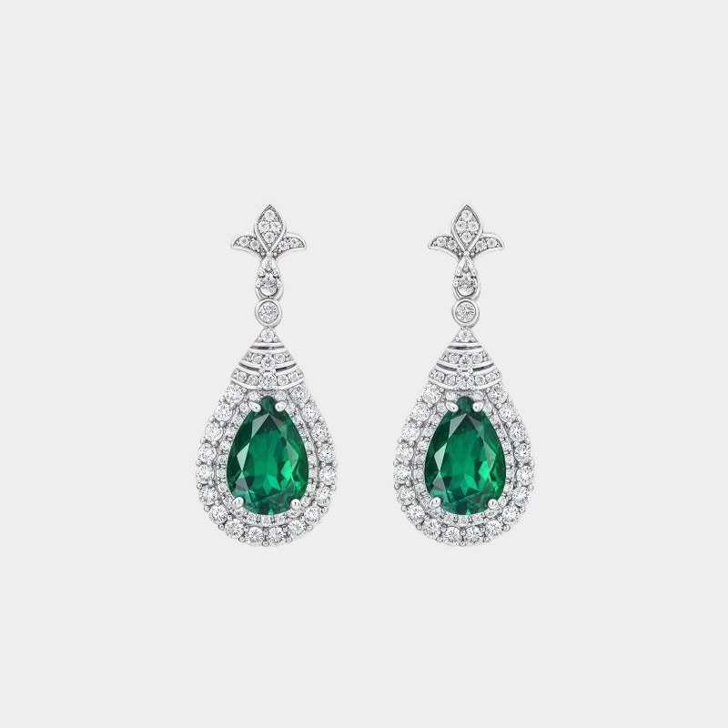 Emerald Large Teardrop Retro Stud Earrings S925 Silver Women's Style