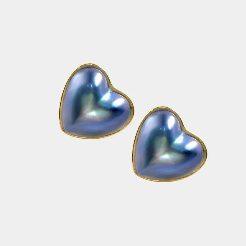 Blue Iridescent Heart-Shaped Pearl Earrings - OOAKB